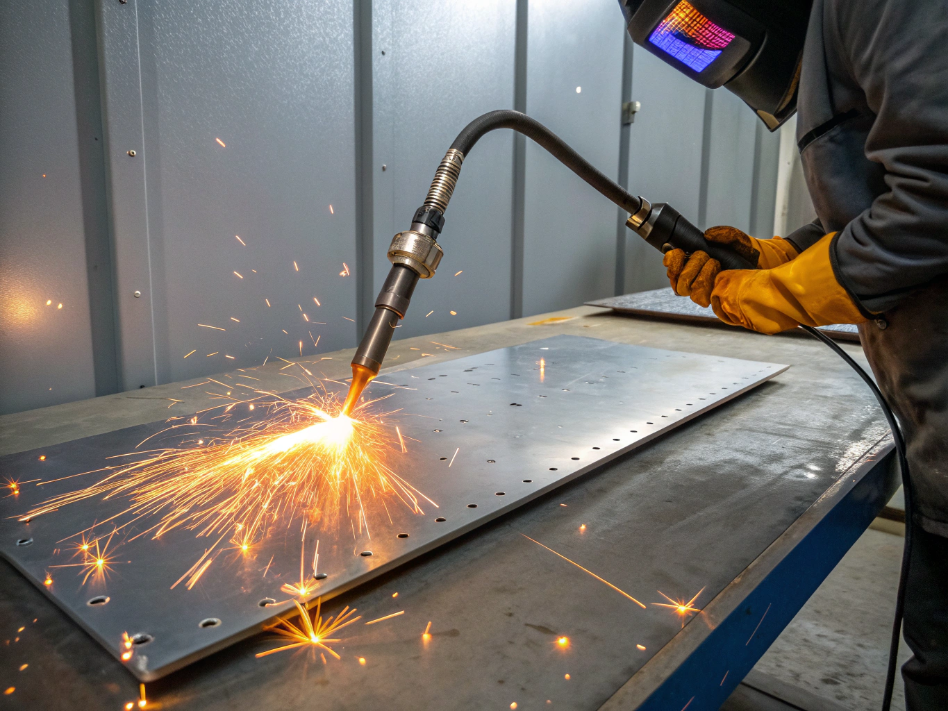 Uniform AC aluminum weld puddle ripples on brushed marine plate