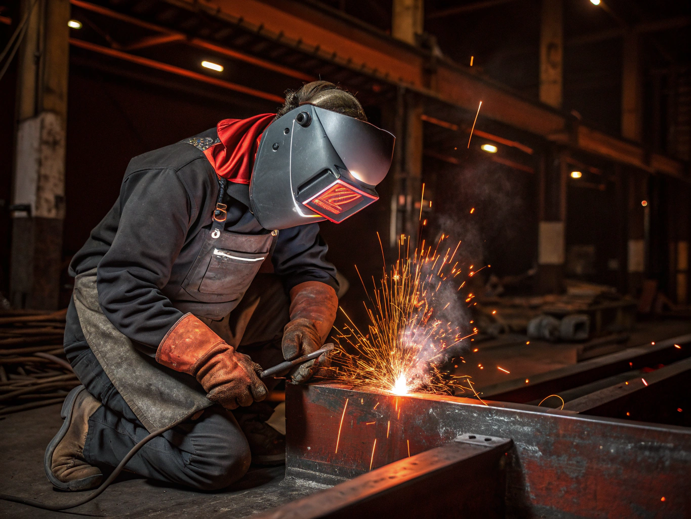 Welder repairing a cracked structural steel component with MIG gun