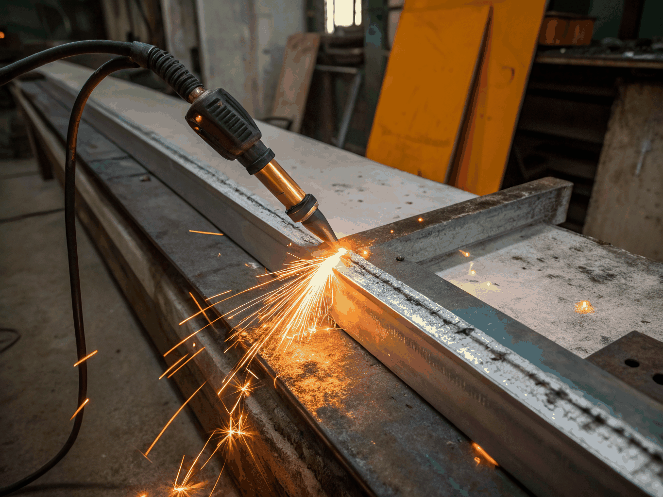 MIG wire welding bead applied to heavy structural steel I-beam joint