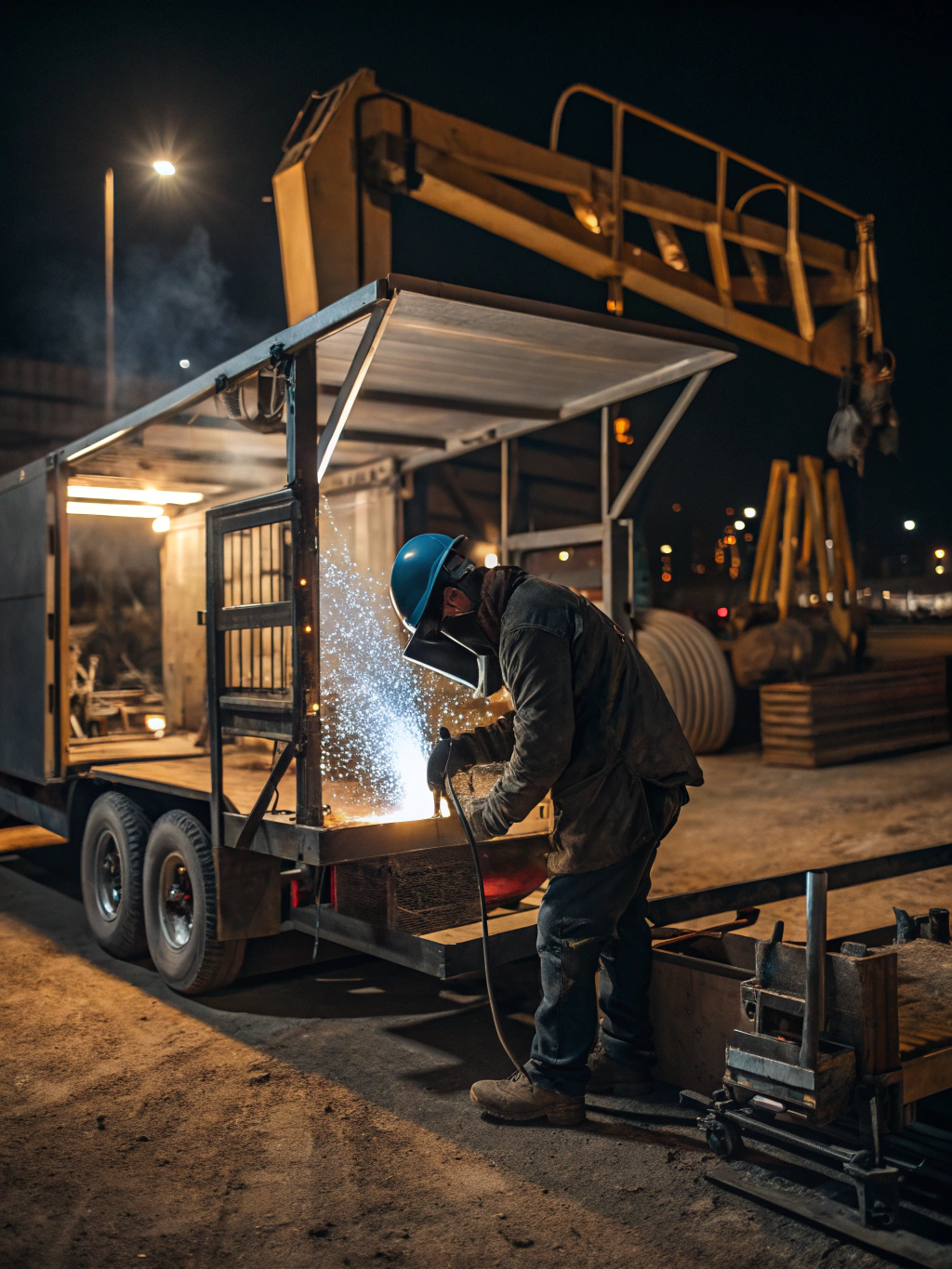 Welder clamping steel joint in South Bay mobile workshop yard