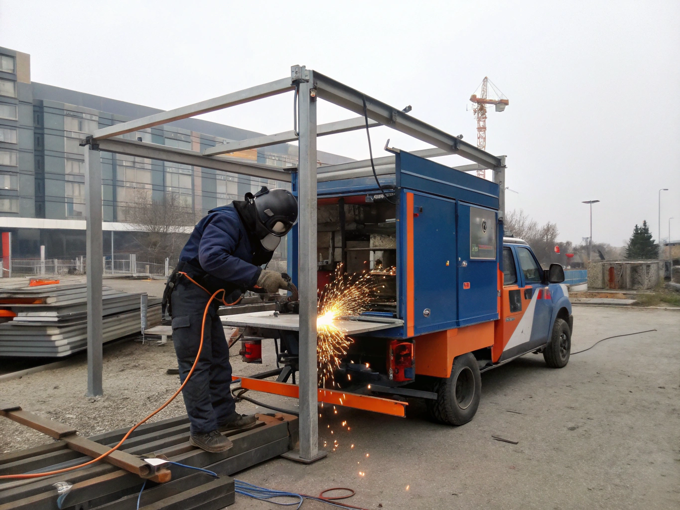 Mobile welding truck loaded with generator and torches on an outdoor job site