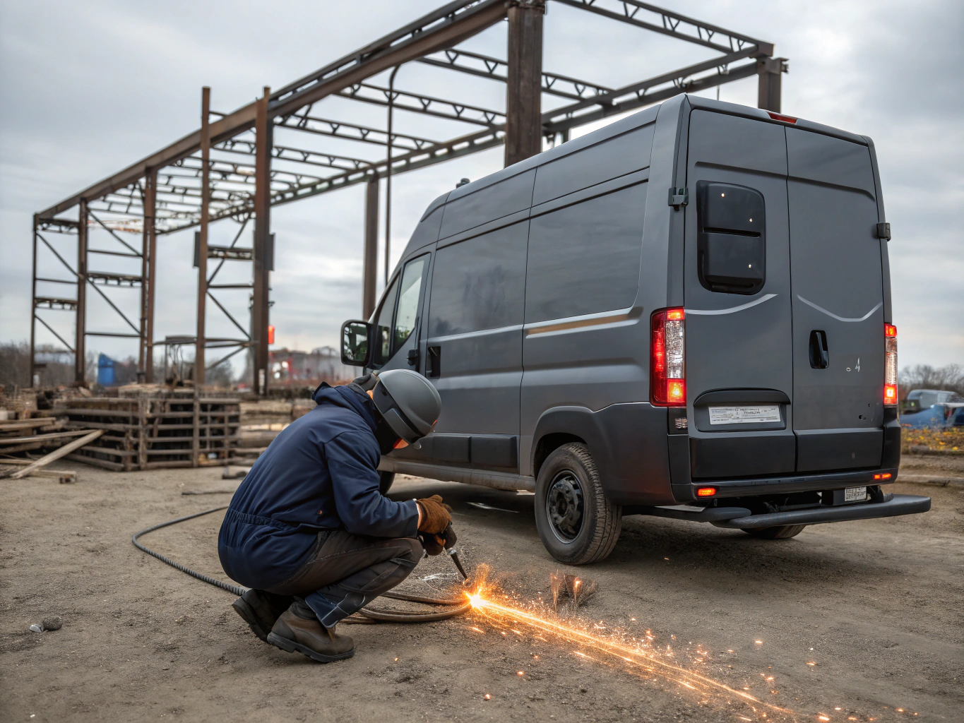 Welder working on structural steel with molten orange sparks in San Jose