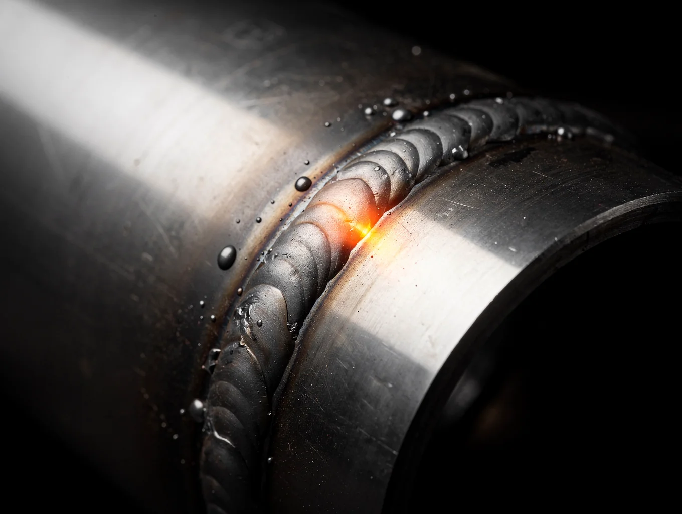 Back-purged stainless steel tubing weld showing clean silver and straw heat zone