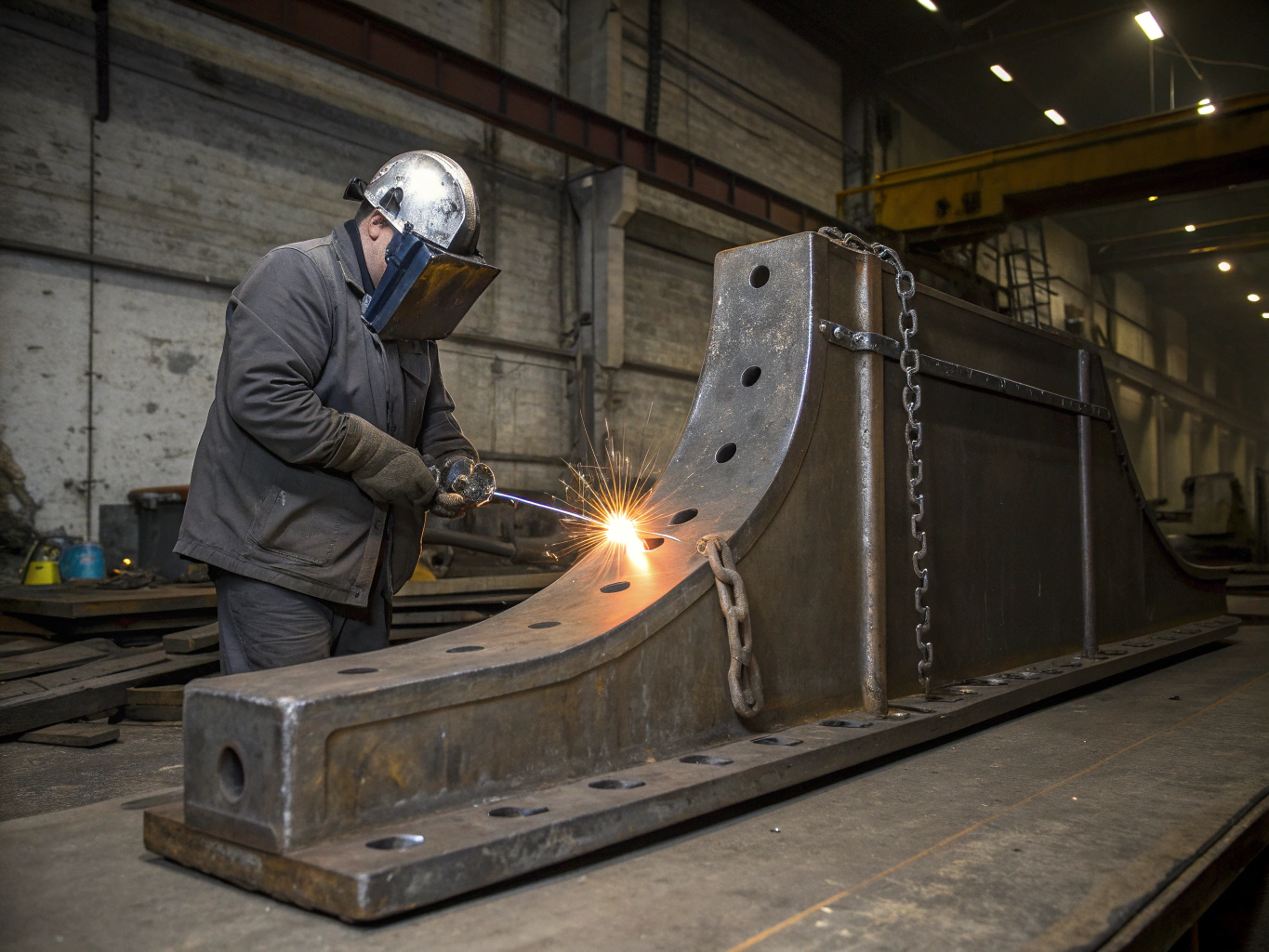 Heavy gauge structural steel bracket with clean fillet welds