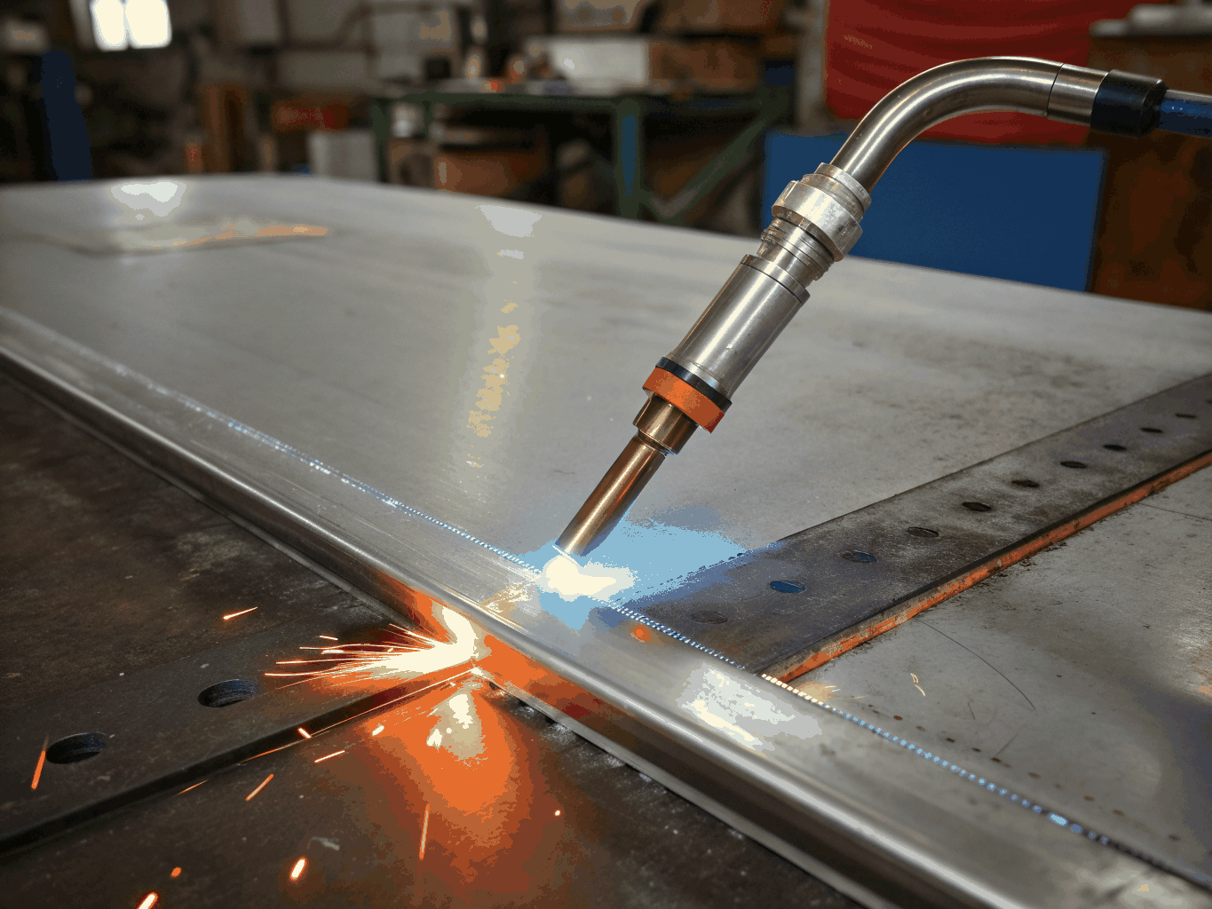 Close-up of precise TIG weld bead on clean stainless steel pipe