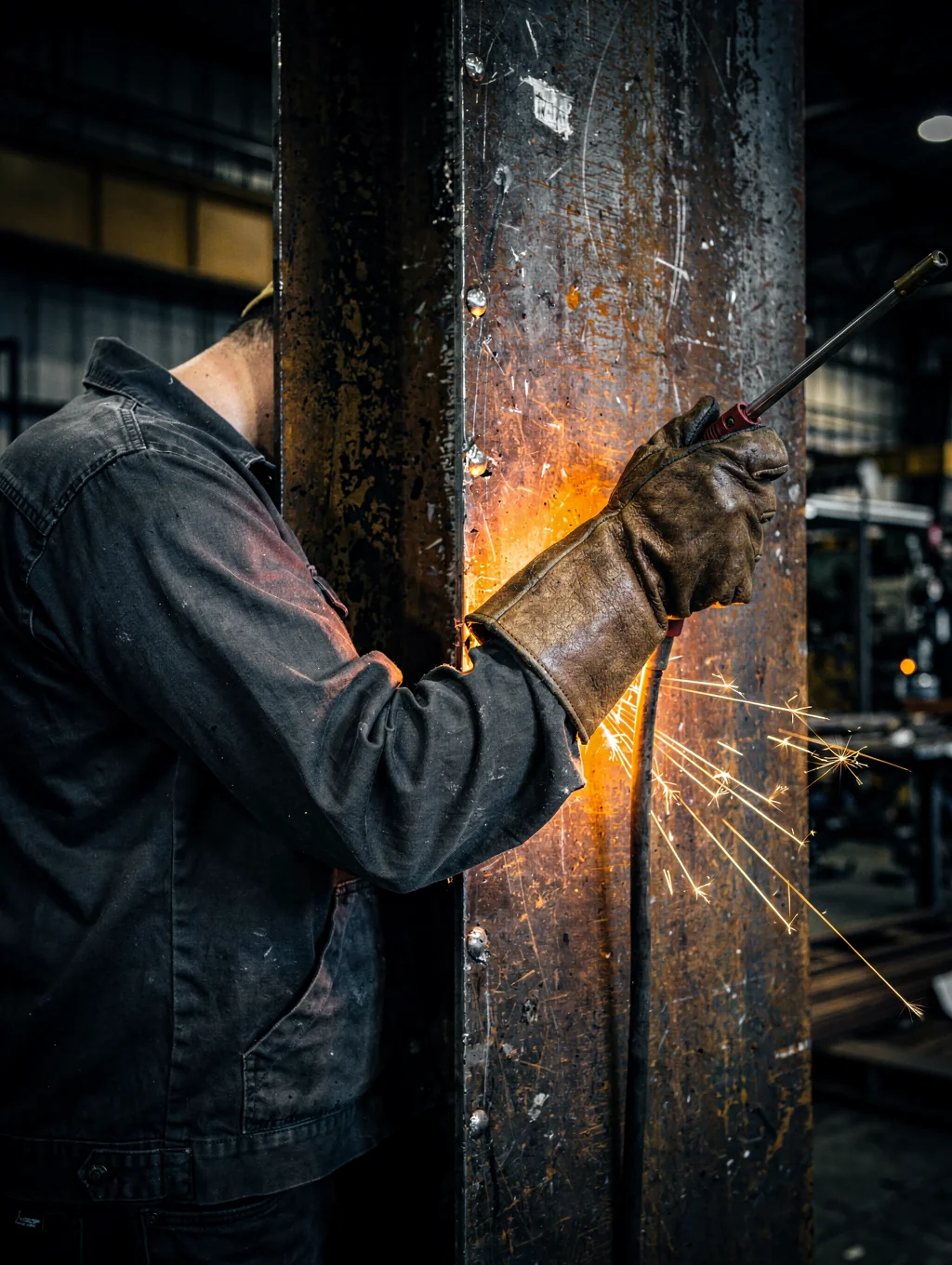 Mobile welder in protective gear repairing a fractured industrial steel plate with high-temperature arc sparks