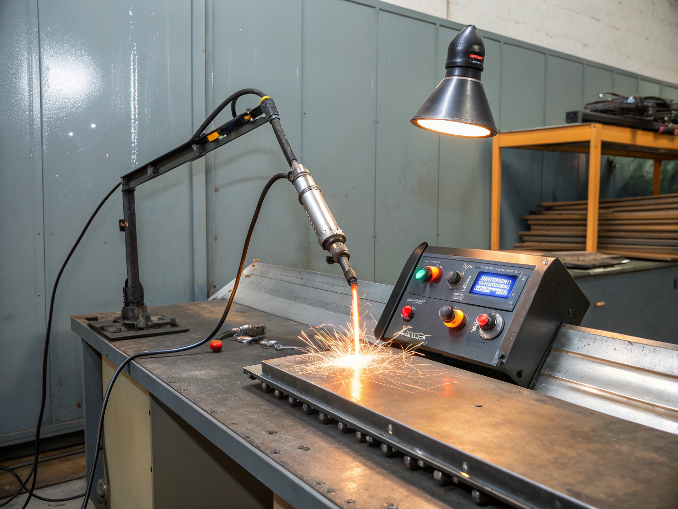 Active welding table setup with clamps, precision ground metal stock, and argon shielding cylinders